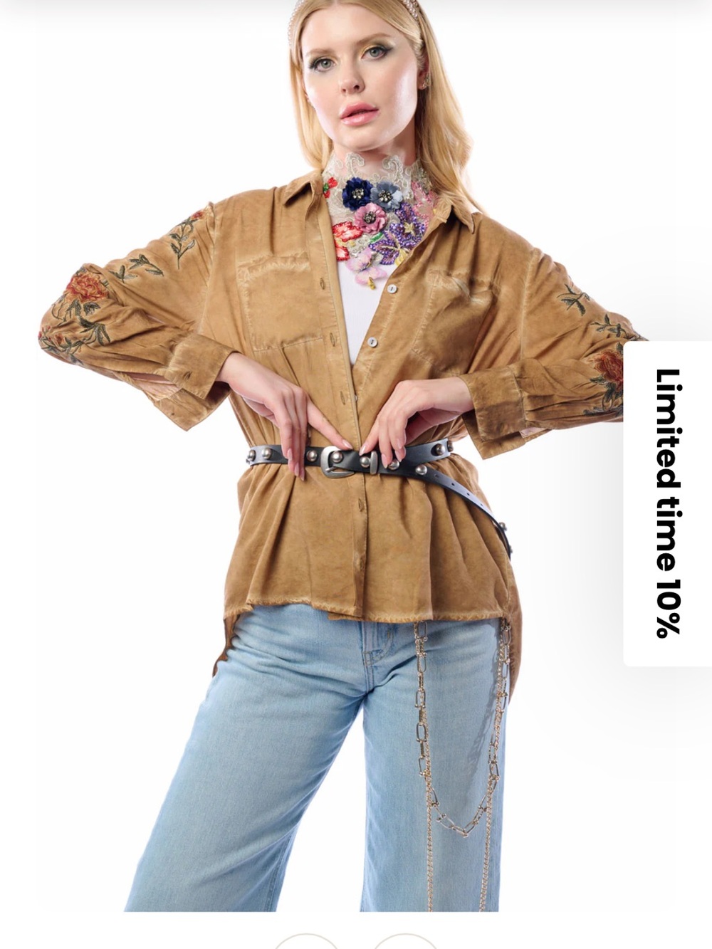 Embroidered Suede Button-Up Shirt in Camel